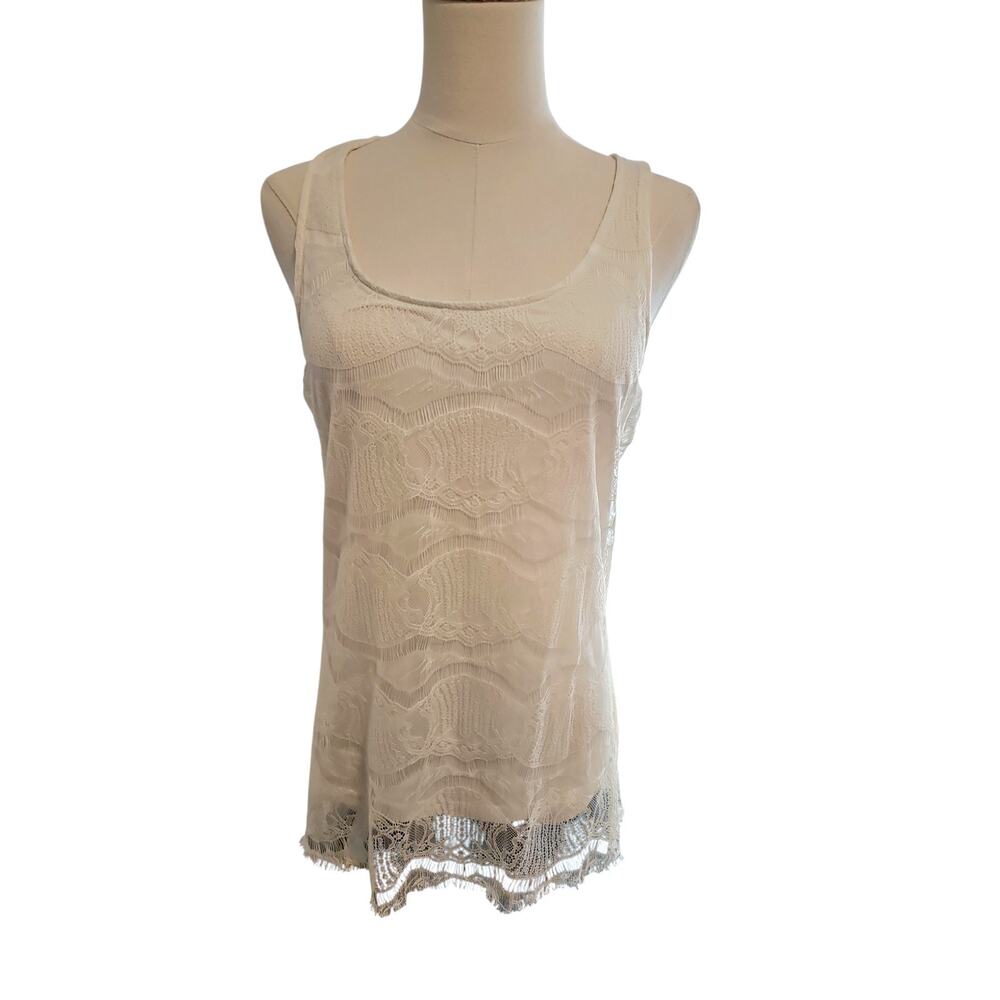 BKE FROM BUCKLE LACE OVERLAY SIZE MEDIUM IVORY SCOOPNECK TANK TOP FRAYED HEM